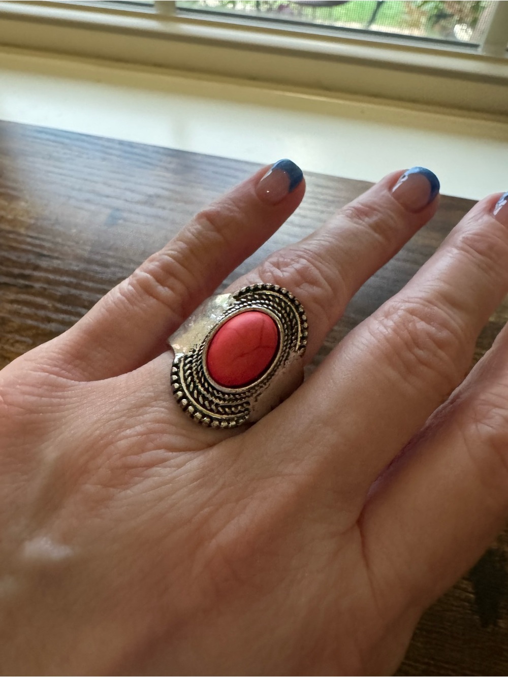 Boho Southwestern Coral Red Faux Stone Stretch Ring